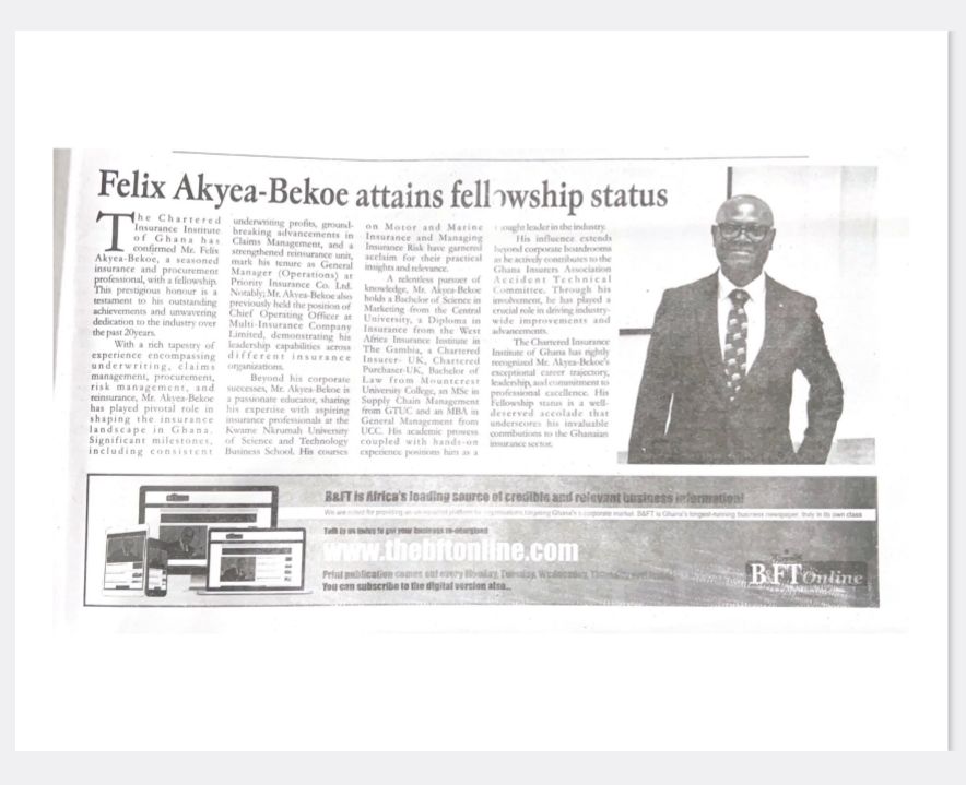 Our GM Operations, Mr. Felix Akyea-Bekoe attains The Chartered Insurance Institute of Ghana fellowship status
